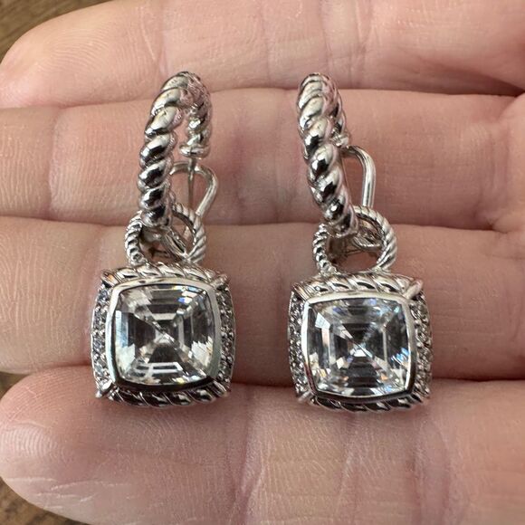 Judith Ripka Diamonique Earrings CZ & Sterling Silver Dangle Hoop Asscher Cut - Picture 4 of 8